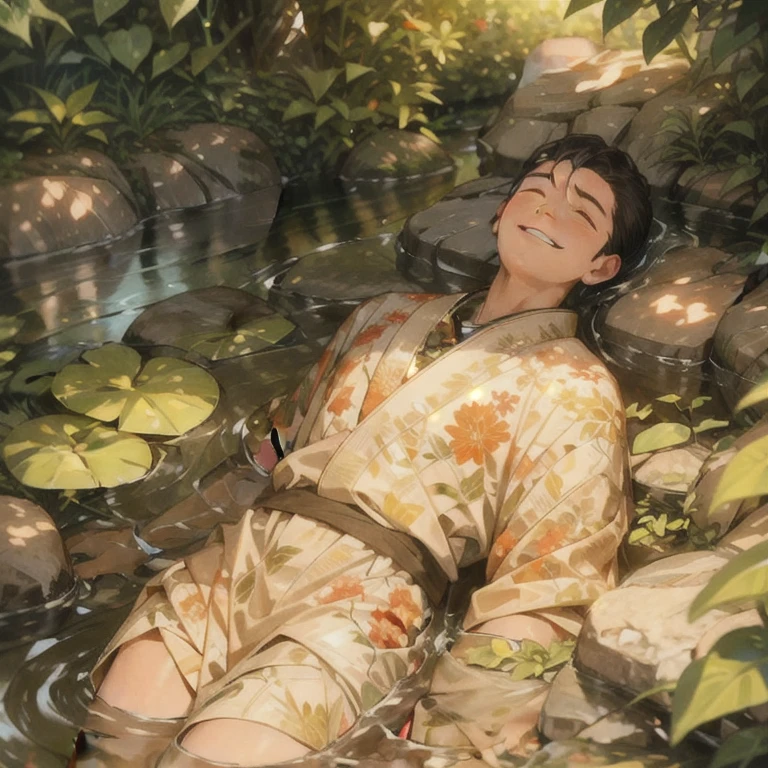 (masterpiece, best quality:1.2), a men is laying down on a stream, smiling, closing eyes, happy facial expression, stream flow, water effects, plants, leafs, cinematic lighting, cinematic scenery, sunlight, soft light, wallpaper, expanding landscape, 1 girl, 1 men, full body