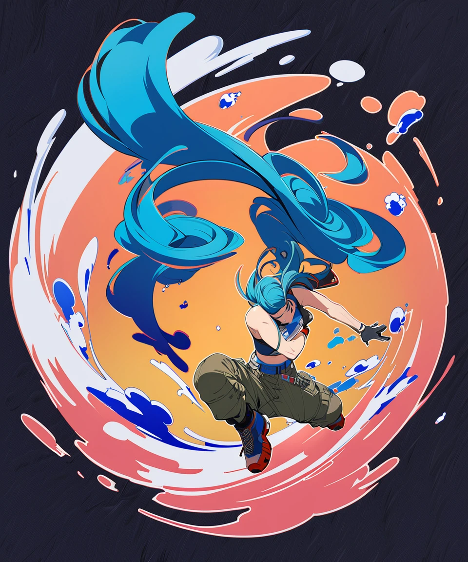 Winner of the Samdosarts Style Award、Half body portrait of beautiful woman wearing crop top and cargo pants。Ombre navy blue teal hairstyle、head moves、hair is flying。, paint splashes, scatter, overtake, Vaporware, flat illustration with shadow, digital art, Trending with ArtStation, very detailed, small details, Complex