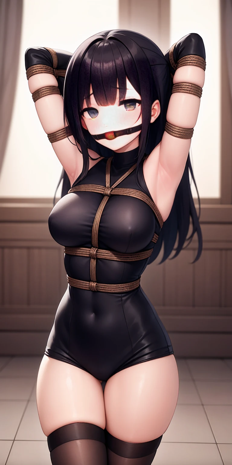 arms behind head, long_hair, looking_at_viewer, thighhighs, bow, bound, bdsm, bondage, rope, restrained, gag, shibari, bound_arms, ball_gag, shibari_over_clothes