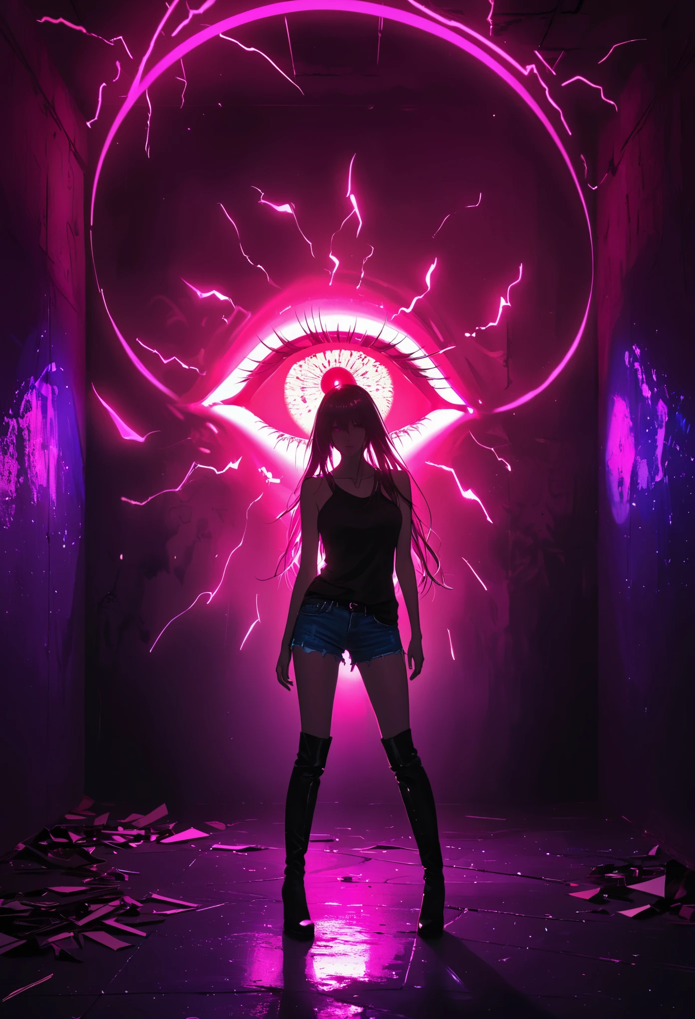 (Portrait of a mysterious giant eye), indoor, Fluorescent illumination, (Darkness shrouded, Wall background, black background, shadow, extreme darkness:2.0), Minimalist graffiti style background, Fluorescent pink eye graffiti, Dark atmosphere, 1girl, Oversized black T-shirt, midlle breasts, Waistless T-shirt, underboob, blurred background, Blurred foreground, neon Pink glowing hair, neon pink glowing eyes, Bare shoulder, presenting armpit, Kneel on the ground, Unbelievably long hair, Messy hair, Low rise denim shorts, Over-the-knee boots, pink eye shadow, Eye of destruction, Poker face, silhouette, cowboy shot, Surrealism, perspective, cowboy shot, pov, UHD, anatomically correct, super detail, best quality, 16k, masterpiece