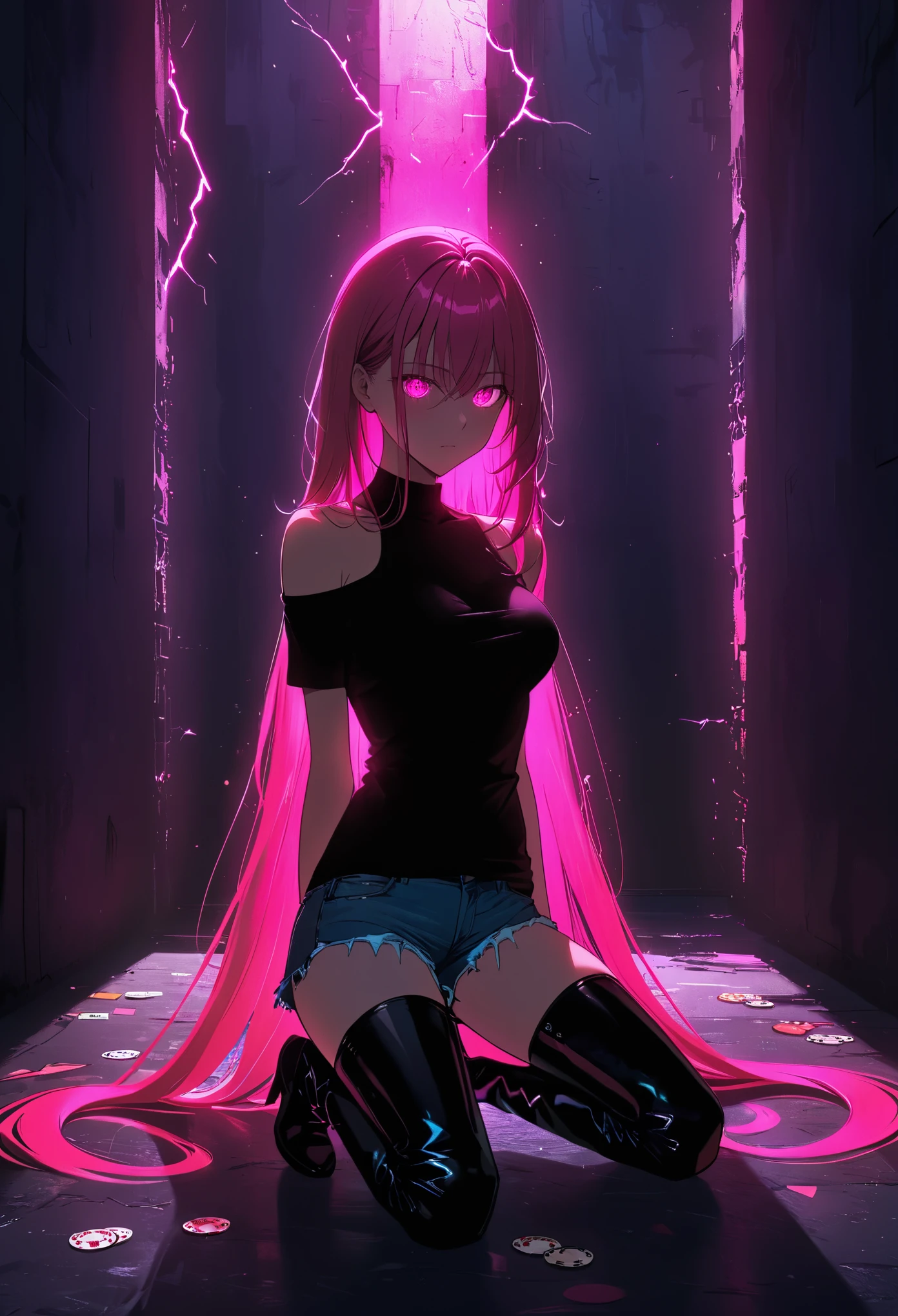 (Portrait of a mysterious giant eye), indoor, Fluorescent illumination, (Darkness shrouded, Wall background, black background, shadow, extreme darkness:2.0), Minimalist graffiti style background, Fluorescent pink eye graffiti, Dark atmosphere, 1girl, Oversized black T-shirt, midlle breasts, Waistless T-shirt, underboob, blurred background, Blurred foreground, neon Pink glowing hair, neon pink glowing eyes, Bare shoulder, presenting armpit, Kneel on the ground, Unbelievably long hair, Messy hair, Low rise denim shorts, Over-the-knee boots, pink eye shadow, Eye of destruction, Poker face, silhouette, cowboy shot, Surrealism, perspective, cowboy shot, pov, UHD, anatomically correct, super detail, best quality, 16k, masterpiece