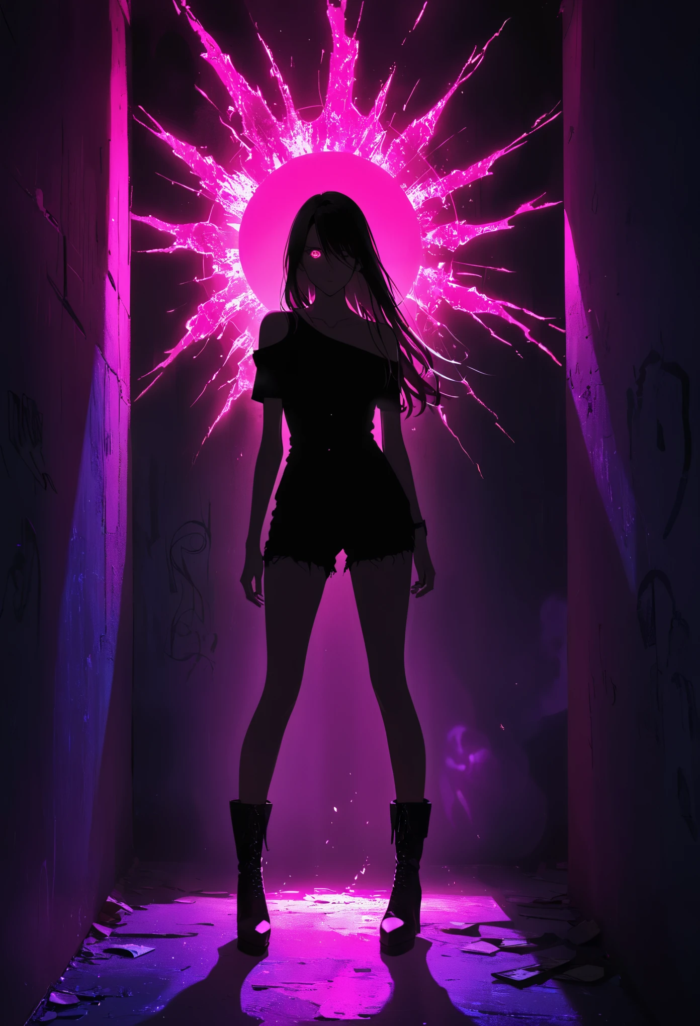 (Portrait of a mysterious giant eye), indoor, Fluorescent illumination, (Darkness shrouded, Wall background, black background, shadow, extreme darkness:2.0), Minimalist graffiti style background, Fluorescent pink eye graffiti, Dark atmosphere, 1girl, Oversized black T-shirt, midlle breasts, Waistless T-shirt, underboob, blurred background, Blurred foreground, neon Pink glowing hair, neon pink glowing eyes, Bare shoulder, presenting armpit, Kneel on the ground, Unbelievably long hair, Messy hair, Low rise denim shorts, Over-the-knee boots, pink eye shadow, Eye of destruction, Poker face, silhouette, cowboy shot, Surrealism, perspective, cowboy shot, pov, UHD, anatomically correct, super detail, best quality, 16k, masterpiece