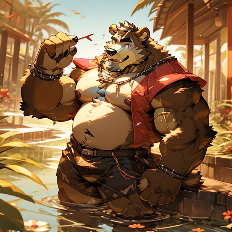 alone, smile, short hair, shirt, navel, animal ears, flower, male focus, open clothing, shorts, water, stomach, tree, open shirt, muscular, scar, sunglasses, pecs, muscular male, red shirt bara, belly, big pecs, chubby, eye scar, face scar, furry, hairy male, hawaiian shirt, male swimsuit, palm tree, scar on arm, bear, bear ears, wading, white fur , flower necklace, 