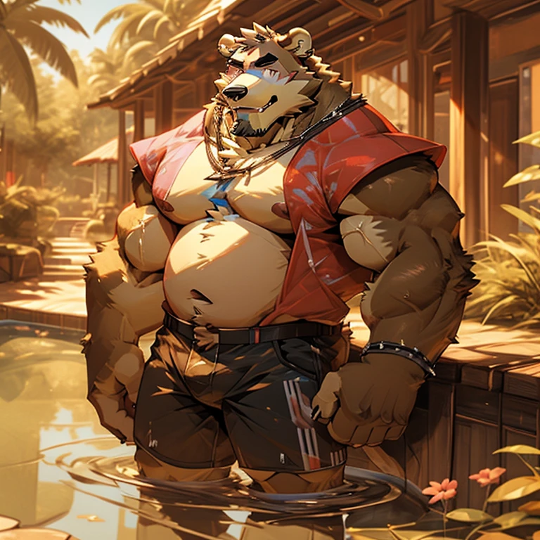 alone, smile, short hair, shirt, navel, animal ears, flower, male focus, open clothing, shorts, water, stomach, tree, open shirt, muscular, scar, sunglasses, pecs, muscular male, red shirt bara, belly, big pecs, chubby, eye scar, face scar, furry, hairy male, hawaiian shirt, male swimsuit, palm tree, scar on arm, bear, bear ears, wading, white fur , flower necklace, 