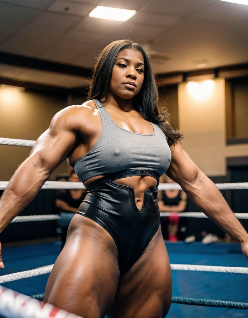 Wrestlemania. Viewed from above, 1.2 Queen latifah, A heavily muscled iffb pro female bodybuilder, (Raw photography:1.5)、(hight resolution:1.5)、(Raw photography:1.5),(Photorealsitic:1.38)、(sharp focus:1.5) 、18 only、One girl,
((Standing up with a shrug:1.2))、
((In a WWE wrestling ring))、
looking at the viewers、Facing the audience,The dim、