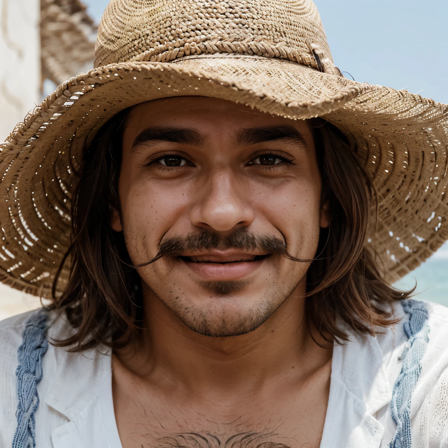 Um homem moreno, com cavanhaque e bigode, cabelo curto com degrade e moicano, smiling with a beautiful smile and a slightly big lip, sombrancelhas grossas, without hat