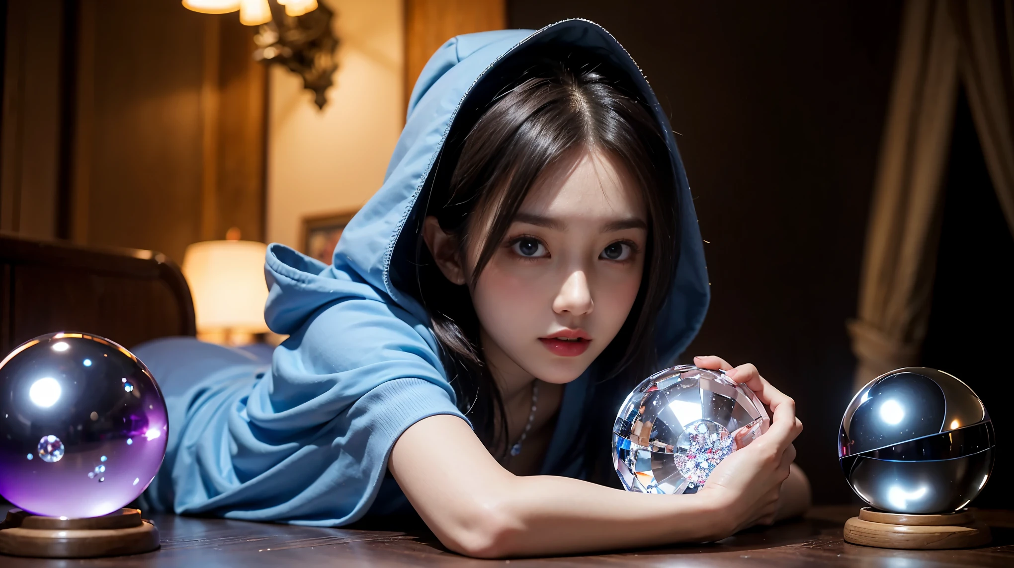 (and soul)(secondary elements)1 girl、blue hair、hair length、blue eyes、Gradient eyes、sparkling eyes、bright pupils、Finely tuned、expressive eyes、blue clothes、gem、blue lighting、blue theme、(form:1.5)、abstract、highest quality、Super detailed、(((Holding a crystal ball)))、8K,超realistic,(table top, highest quality) Daniela Dimitrescu, 1 female, looking for at Viewer, open your mouth, background, cleavage, real looking skin,jewelry, medium small breasts, looking for, Upper body, flower, wing, hood, necklace, cape, good, compensate, bug, Lipstick, Inside the Black Cave, Precious stones, pale skin, veil, hood up, realistic, black lips,超A high resolution,Purple Flame(Purple Effect)