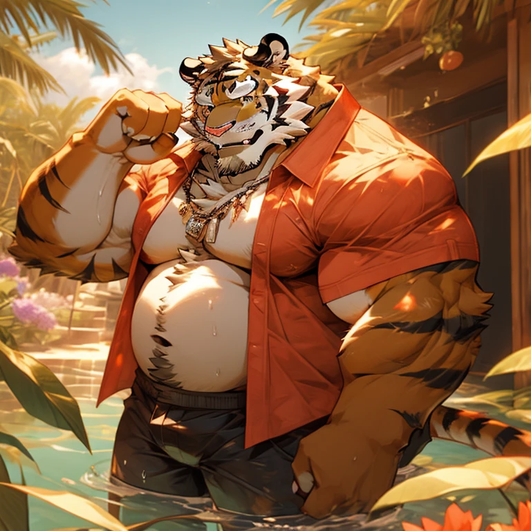 alone, smile, short hair, shirt, navel, animal ears, flower, male focus, open clothing, shorts, water, stomach, tree, open shirt, muscular, scar, sunglasses, pecs, muscular male, red shirt bara, belly, big pecs, chubby, eye scar, face scar, furry, hairy male, hawaiian shirt, male swimsuit, palm tree, scar on arm, tiger, tiger ears, wading, white fur , flower necklace, 