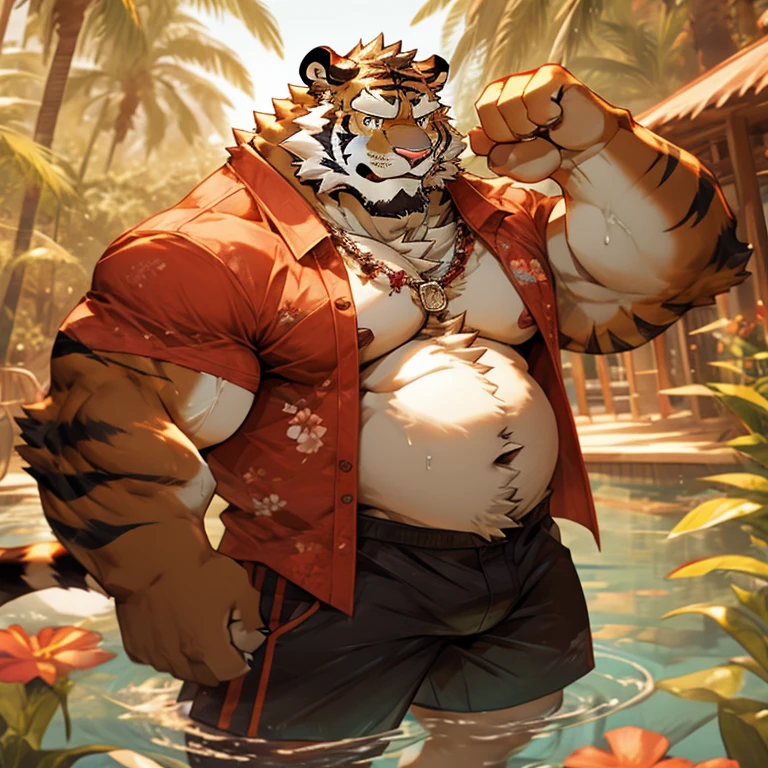 alone, smile, short hair, shirt, navel, animal ears, flower, male focus, open clothing, shorts, water, stomach, tree, open shirt, muscular, scar, sunglasses, pecs, muscular male, red shirt bara, belly, big pecs, chubby, eye scar, face scar, furry, hairy male, hawaiian shirt, male swimsuit, palm tree, scar on arm, tiger, tiger ears, wading, white fur , flower necklace, 