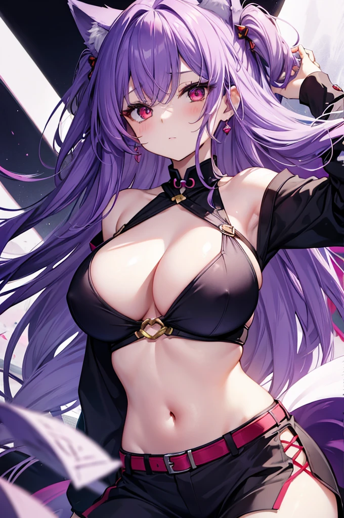 fox girl, big breasts, purple hair, masterpiece , red eyes, hd, Head to Chest, buried in my chest、underboob