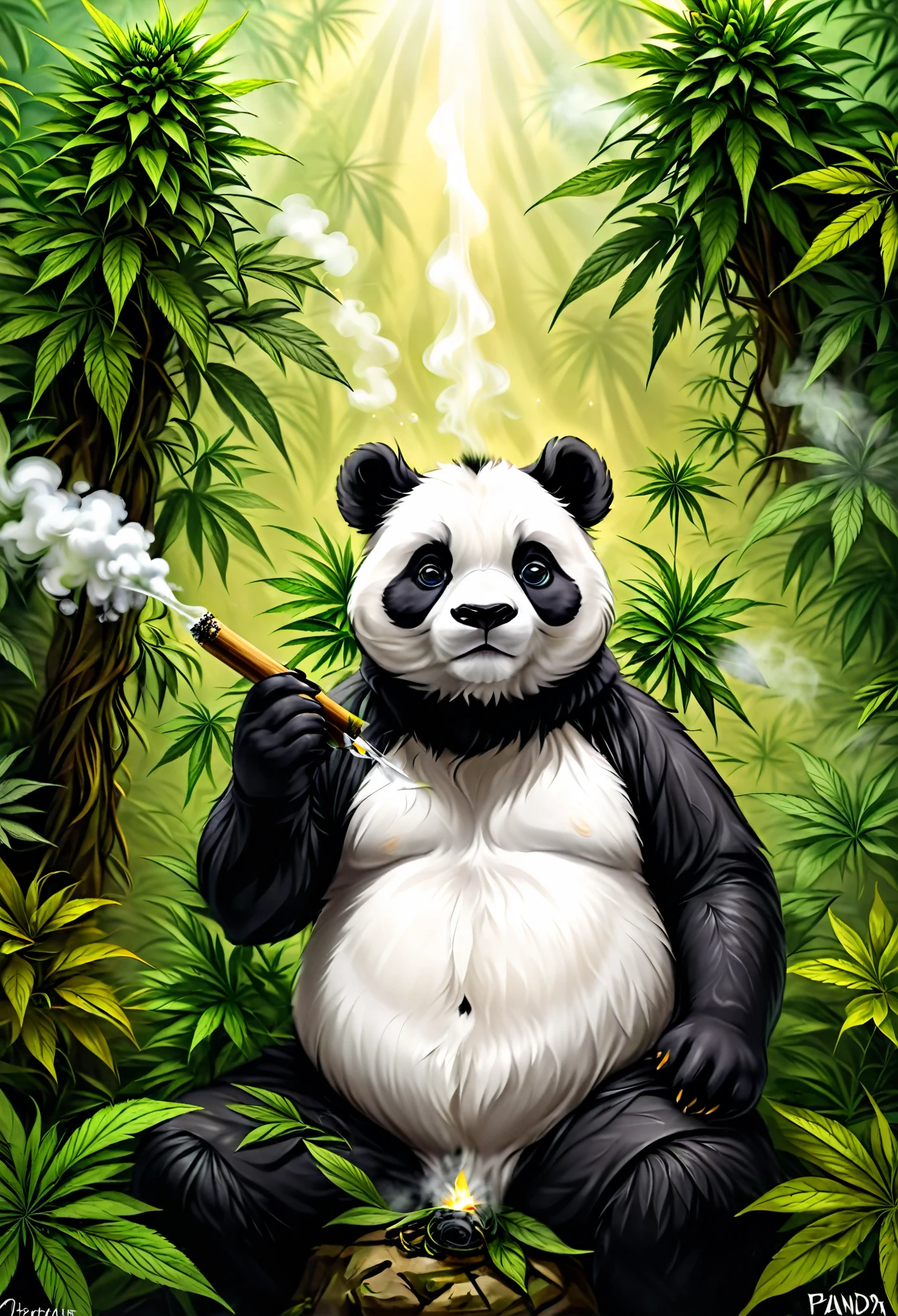 panda musculoso forreando mientras fuma un blunt junto a sus plantas de cannabis