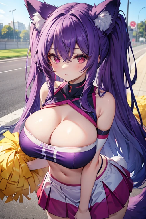 fox girl, big breasts, Voluminous purple hair, masterpiece , red eyes, hd, Head to Chest, buried in my chest、underboob、Cheerleader