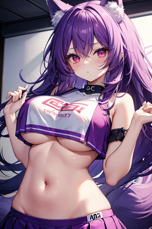 fox girl, big breasts, Voluminous purple hair, masterpiece , red eyes, hd, Head to Chest, buried in my chest、underboob、Cheerleader