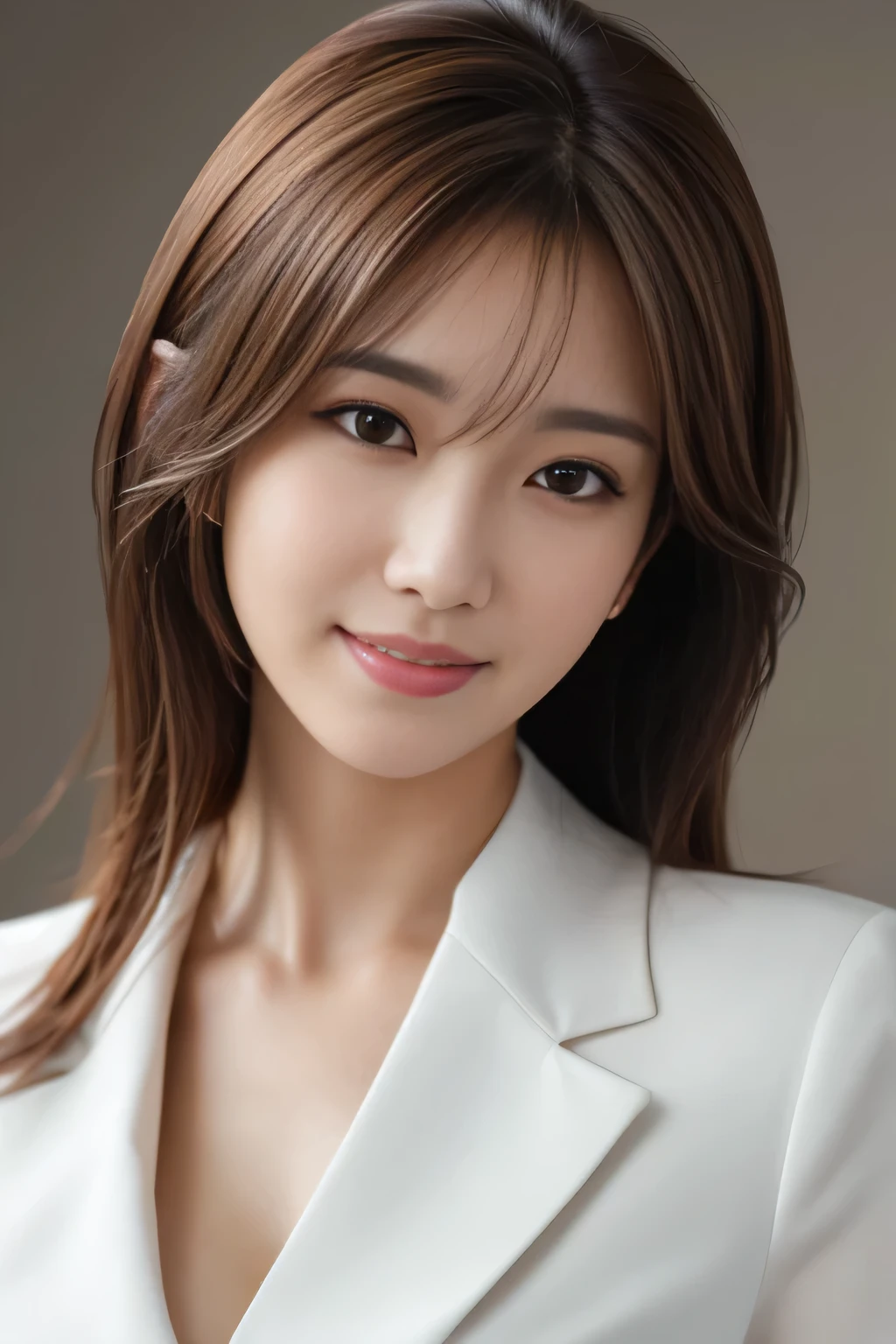 table top, highest quality, realistic, Super detailed, finely, High resolution, 8k wallpaper, 1 beautiful woman,, light brown messy hair, wearing a business suit, sharp focus, perfect dynamic composition, finely beautiful eyes, thin hair, Detailed and realistic skin texture, smile, close-up portrait, model body shape