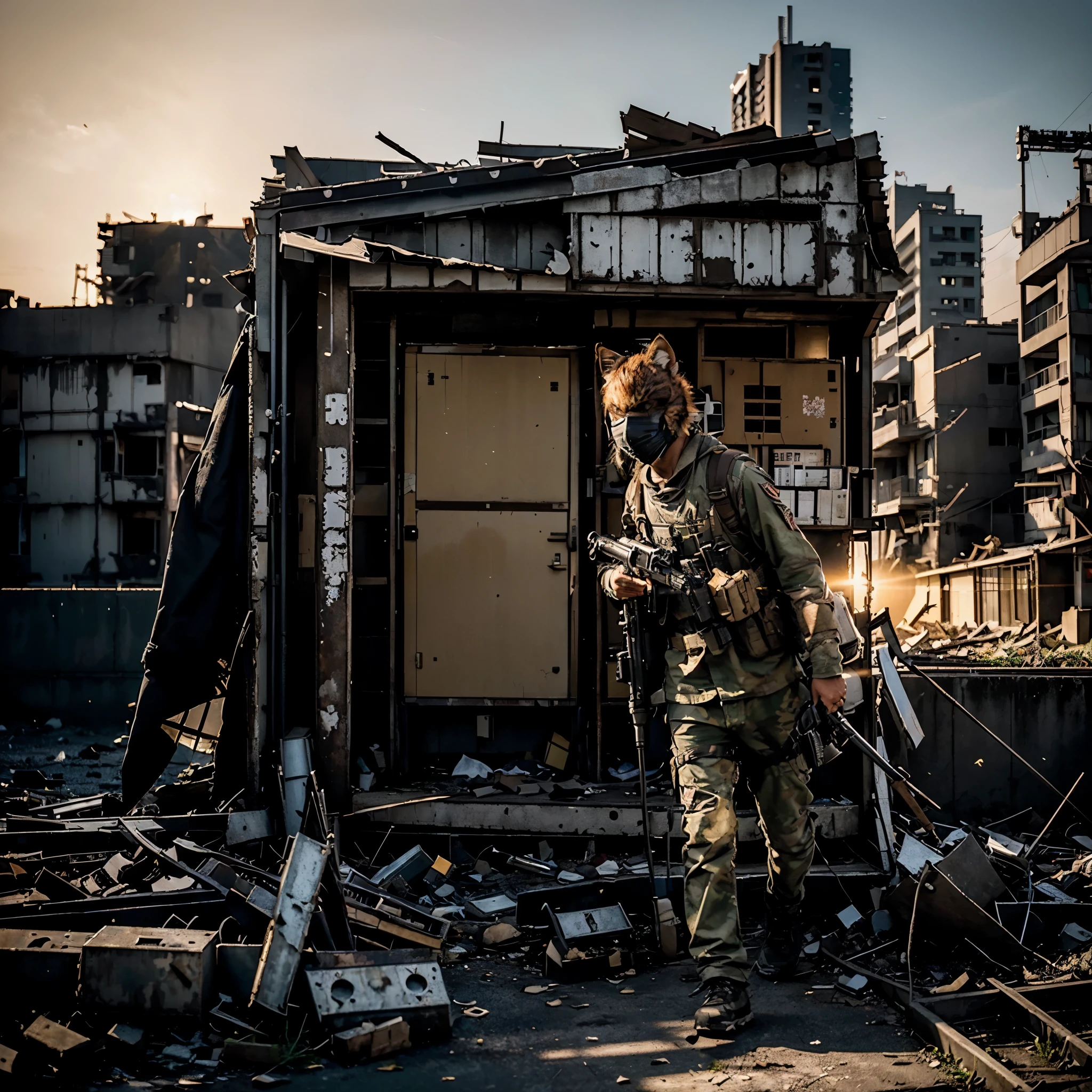 GROUND LEVEL VIEW, ultra detailed photo, A JAPANESE SOLDIER wearing a kitsune mask, 30 YEARS OLD, with a machine gun, WALK POSE, SUN RISE, STANDS ON STREET OF THE POST-APOCALYPSE RUINED AND DESTROYED TOKYO CITY, HOSTILE ENVIRONMENT, IMPACTFUL VISUAL DESTRUCTION, STYLE THE LAST OF US, outdoor PHOTO, CINEMATIC LIGHTING, PHOTOREALISTIC DETAILS, DYNAMIC SHADOWS ,ATMOSPHERIC EFFECTS, LIFELIKE TEXTURES, HIGH-DEFINITION, IMMERSIVE ENVIRONMENT, SUBTLE COLOR GRADING, AUTHENTIC ATMOSPHERE, DETAILED TEXTURES, GOLDEN HOUR, FANTASY, UNREAL ENGINE 5, ray tracing, award winning photo, MASTERPIECE photograpy, trending on artstation, HDR, UHD, 8K, BY NAUGHTY DOG