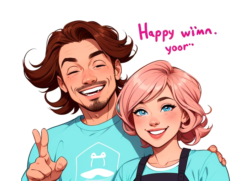 Happy man and woman couple with beautiful smile Cartoon style digital illustration white background 