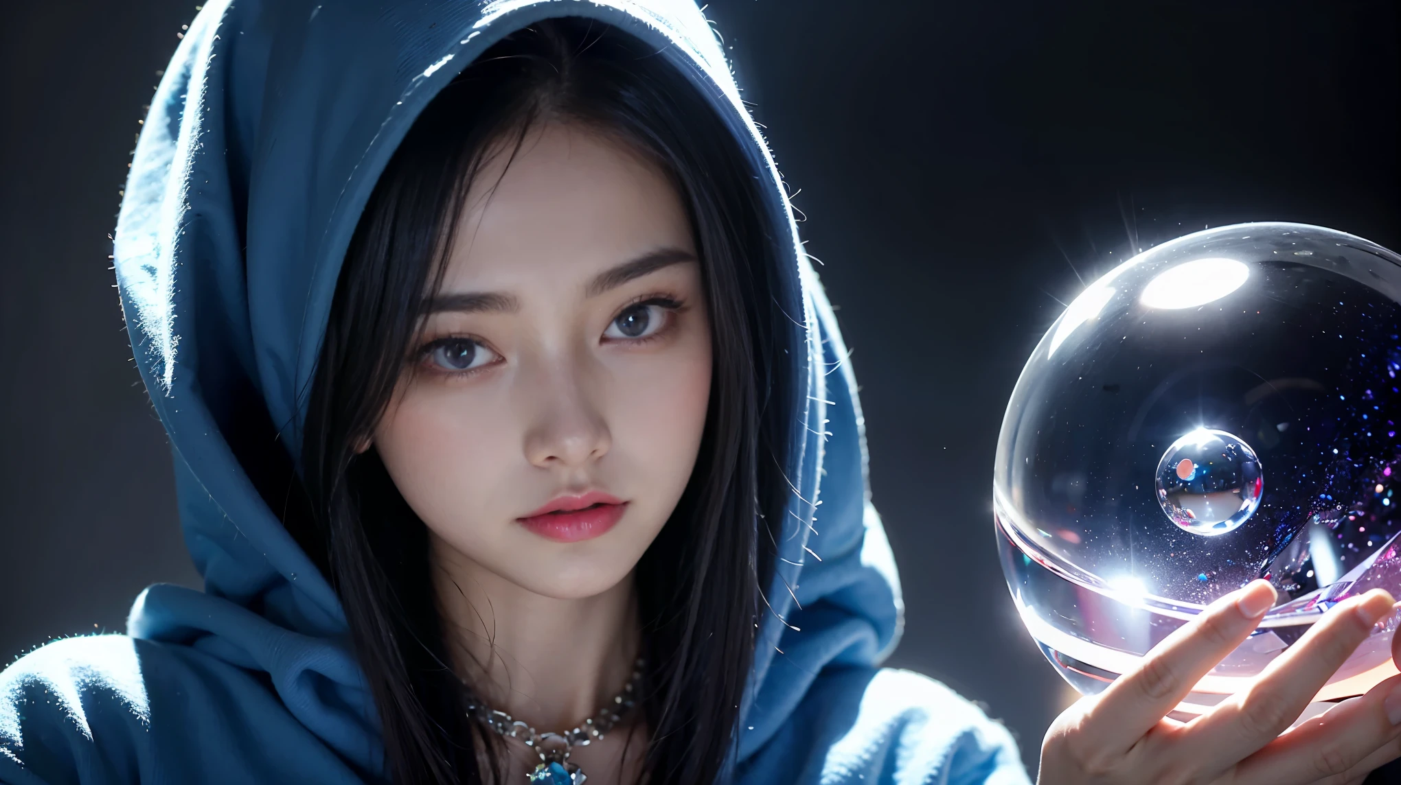 (and soul)(secondary elements)1 girl、blue hair、hair length、blue eyes、Gradient eyes、sparkling eyes、bright pupils、Finely tuned、expressive eyes、blue clothes、gem、blue lighting、blue theme、(form:1.5)、abstract、highest quality、Super detailed、(((Holding a crystal ball)))、8K,超realistic,(table top, highest quality) Daniela Dimitrescu, 1 female, looking for at Viewer, open your mouth, background, cleavage, real looking skin,jewelry, medium small breasts, looking for, Upper body, flower, wing, hood, necklace, cape, good, compensate, bug, Lipstick, Inside the Black Cave, Precious stones, pale skin, veil, hood up, realistic, black lips,超A high resolution,Purple Flame(Purple Effect)