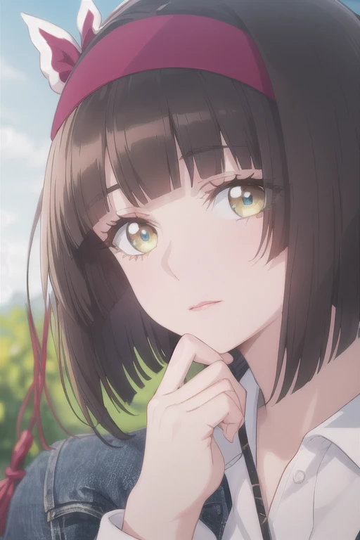 (masterpiece:1.2, highest quality), (Beautiful detailed eyes: 1.2), (Highly detailed CG Unity 8K wallpaper, masterpiece, highest quality, Super detailed), my, big breasts, hair band, sweater , casual clothes, jeans, hair ribbon , hair ribbon, high contrast, (The best illumination, very delicate and beautiful),1 girl,(simple background, outdoor, from the front), looking at the viewer,beautiful delicate shine, (beautiful and detailed face, detailed and beautiful eyes)