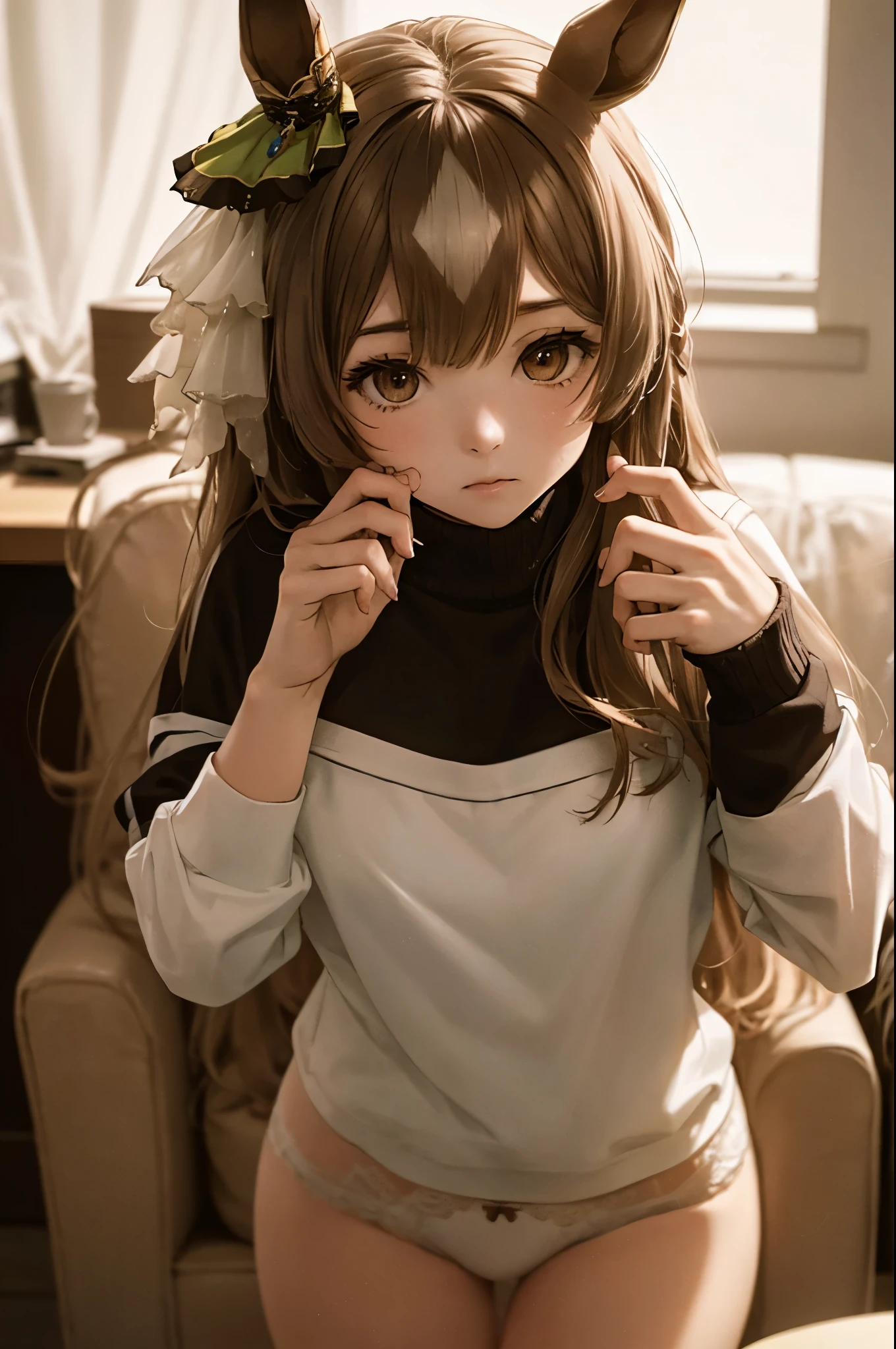 I can see the whole body,satono diamond,umamusume、facing this way、((I can see white panties))、((small bust))、nipple,A sheer white camisole、pleated mini skirt、black knee high socks、loafers,(highest quality、4k、8k、high resolution、masterpiece:1.2)、Super detailed、(photorealistic:1.37)、Portrait、sharp focus、feminine、delicate、white skin、subtle curves、gentle expression、soft lighting、Bright colors、artistic atmosphere,