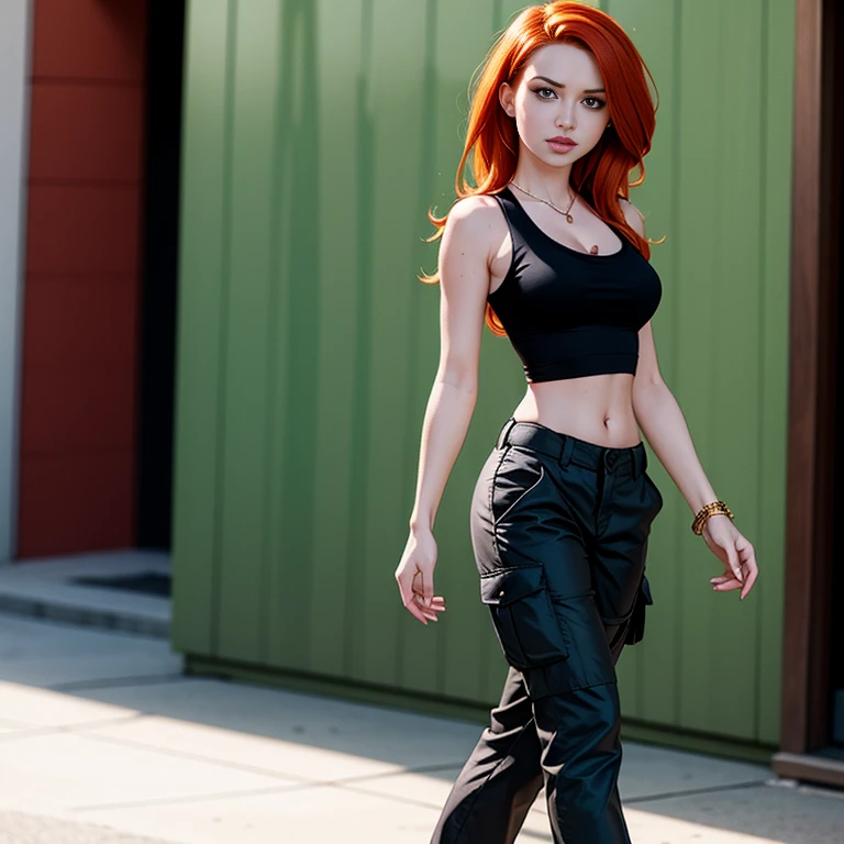 Masterpiece, best quality, detailed face, Kim Possible, black tank top, midriff, cleavage, walking, cargo pants, black shoes, red hair, looking at viewer, sexy smirk, in a city, perfect hands