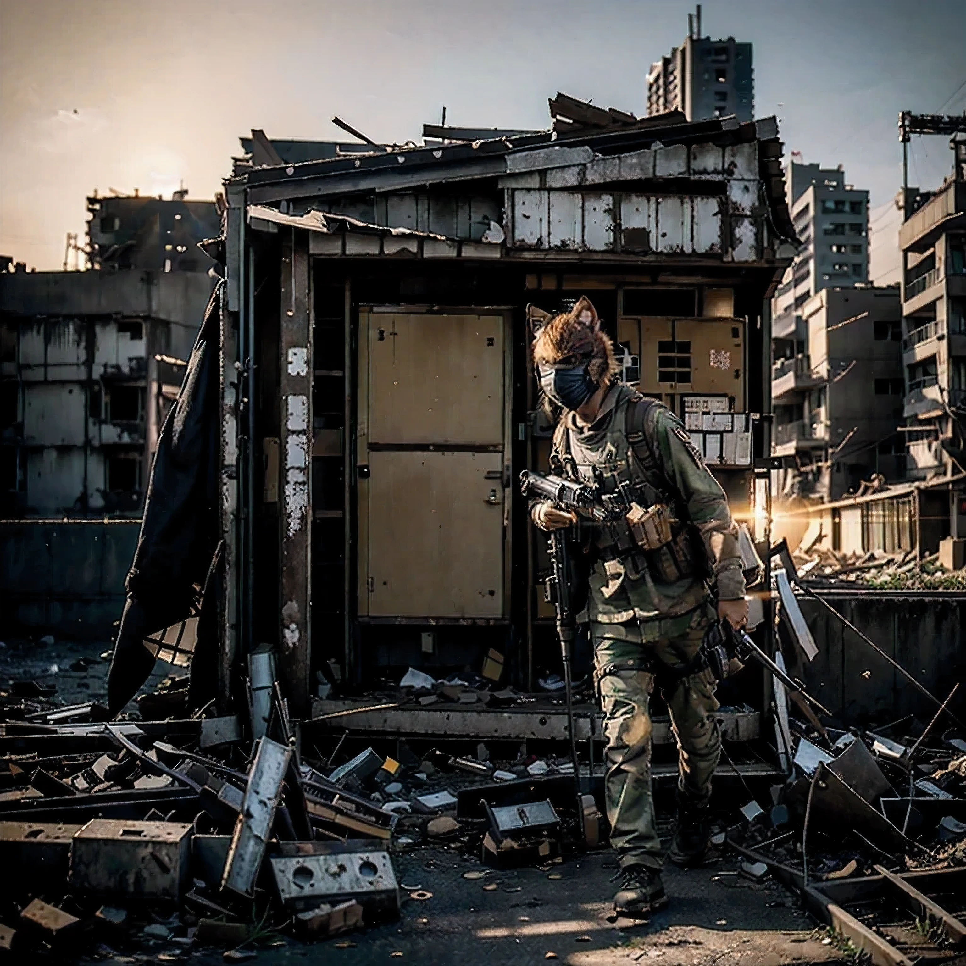 GROUND LEVEL VIEW, ultra detailed photo, A JAPANESE SOLDIER wearing a kitsune mask, 30 YEARS OLD, with a machine gun, WALK POSE, SUN RISE, STANDS ON STREET OF THE POST-APOCALYPSE RUINED AND DESTROYED TOKYO CITY, HOSTILE ENVIRONMENT, IMPACTFUL VISUAL DESTRUCTION, STYLE THE LAST OF US, outdoor PHOTO, CINEMATIC LIGHTING, PHOTOREALISTIC DETAILS, DYNAMIC SHADOWS ,ATMOSPHERIC EFFECTS, LIFELIKE TEXTURES, HIGH-DEFINITION, IMMERSIVE ENVIRONMENT, SUBTLE COLOR GRADING, AUTHENTIC ATMOSPHERE, DETAILED TEXTURES, GOLDEN HOUR, FANTASY, UNREAL ENGINE 5, ray tracing, award winning photo, MASTERPIECE photograpy, trending on artstation, HDR, UHD, 8K, BY NAUGHTY DOG