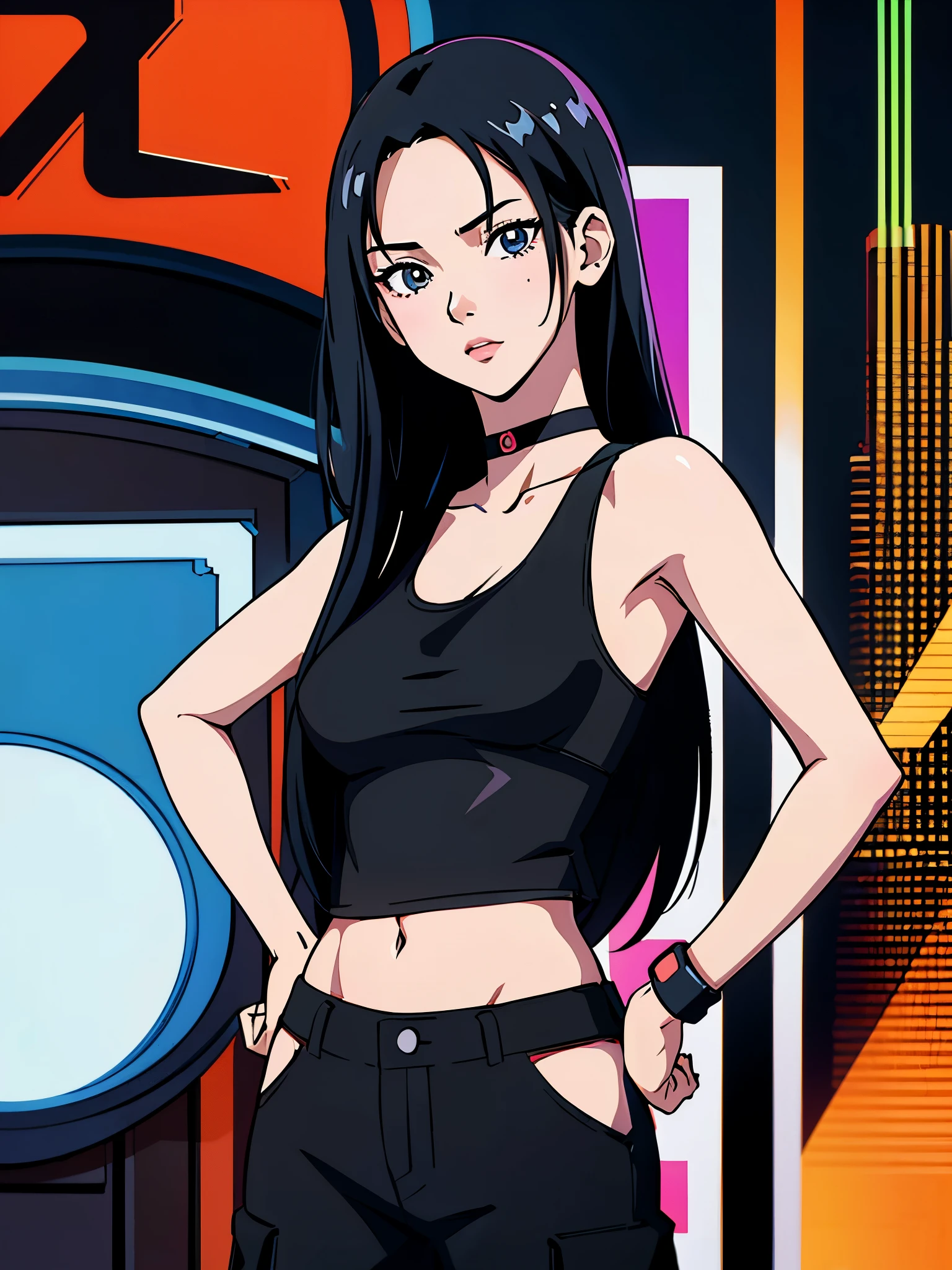 digital art drawing, illustration of (karina from k-pop group aespa, girl, long black hair middle part, brown eyes, wearing a black choker on her neck, white tank top, baggy black cargo pants, cyberpunk 2077), anime drawing/art, bold linework, illustration, digital art, masterpiece, flat illustration, no shadows, 8k resolution, high detail, vector art, only anime, perfect eyes, perfect hands, sharpness, high clarity, medium close up, high fidelity
