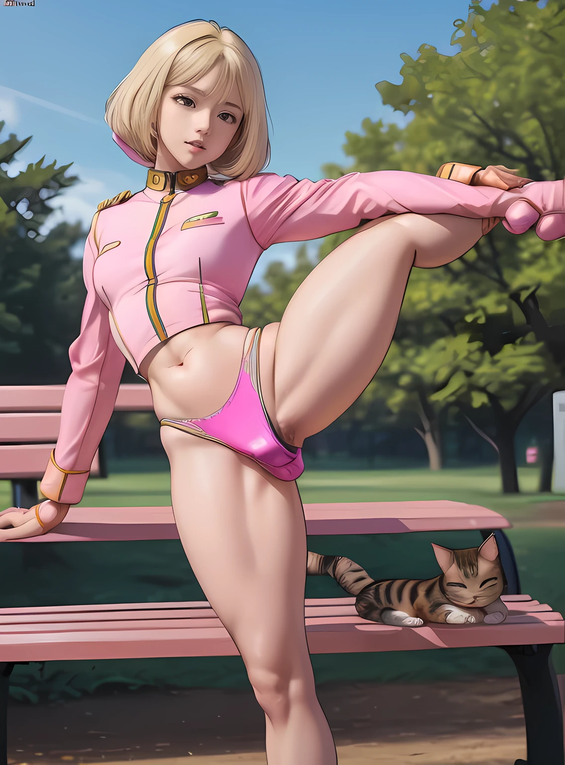 (Sayla Mass=Beautiful *********** girl:1.97), (blonde bob cut:1.9), ((Earth Federation military uniform　Peach-colored uniform　girl in uniform:1.999)), ((Dildo under panties, Cat dildo:1.9999)), realistic, thin waist, Beautiful thighs, (fine skin), Body balance, 1 girl, blush, embarrassing, (masterpiece　complete limbs　8 heads and bodies　full finger　realistic　highest quality　High resolution　NSFW　real women pictures:1.79), (accurate limbs:1.79), beautiful small face　elbow　knees　armpit, (lips slightly open), (outdoor　blue sky　In front of a park bench:1.4), Absolutely adorable, (1 dildo, underwear:1.2), (Big Dildo), (Long Dildo), (Hard Dildo), (The dildo protruding from the vagina is clearly visible.), Beautiful and detailed depiction of the crotch, Clitoris erection, show off panties, from below, cat focus, (stand on one leg:1.2), Holding one leg up high with one hand, (standing split:1.3), (The uniform is pink:1.79)