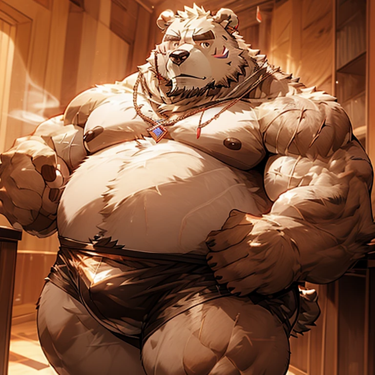 alone, looking at viewer, blush, short hair, 1boy, navel, animal ears, jewelry, underwear, full body, male focus, thighs, stomach, muscular, scar, thick thighs, underwear only, ring, thick eyebrows, pecs, muscular male, towel, bara, scar on face, hairy, big pecs, bulge, topless man, chubby, cigarette, smoking, hairy man, belly, male underwear, fat, bear ears, towel around neck, brown fur, scar on arm