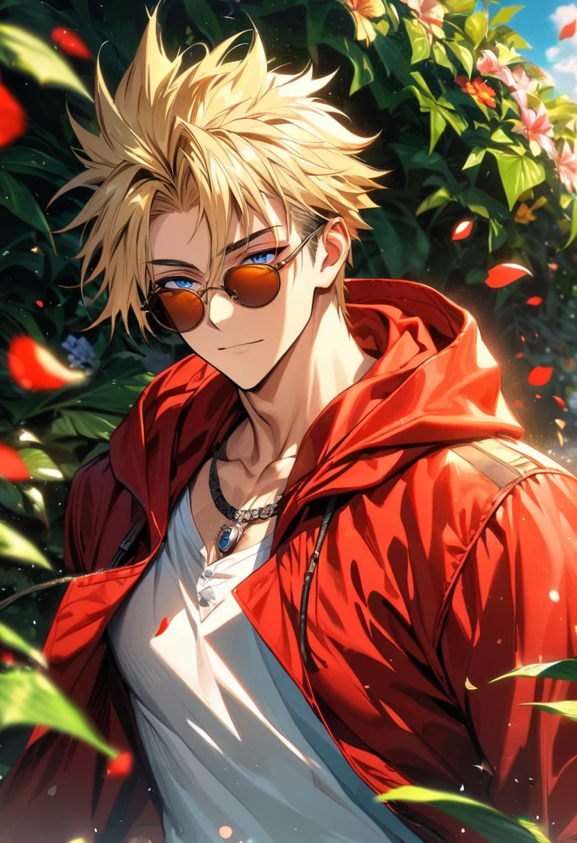 Ultra detailed, highres, absurdres, HDR, Vash Stampede, blond hair, blue eyes, red long coat with a hoodie, amber round sunglasses, mole under his right eye, Trigun, green leaves, flowers and petals, summer, 1 man only, handsome