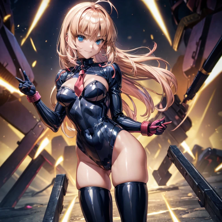 Super detailed, explicit, beautiful body, beautiful nose, beautiful character design, perfect eyes, perfect face, ultra high resolution, 4k, beautiful feet, perfect legs, nice hands, perfect hands, masterpiece, highest quality, very detailed, figure, disorganized, Street Fighter, Doll Suit, Shadaloo Doll, doll suit, No expression, empty eyes, looking at the viewer, red gloves, emotionless, black latex, corruption, Mind control, female combatant, full body, Hypnosisにかかった, Unfortunate trance, full body suit, Ribbed bodysuit, Arms at your sides, follow, perfect female body, extremely glossy latex, Hypnosis, Hypno Lola, empty eyes, Mind control装置, Pauses, Obedient_Pause, slave, have, tie, Are standing, Are standing up straight, 注意してAre standing, have, yellow tie, belt, latex, Ribbed bodysuit, Thighhighs, garter belt, combat readiness, Extend your right arm from your shoulder and reach your hand out into the air., army, thigh boots, alone, Classroom of the Elite, ichinose honami, pink blonde hair, blue eyes, long hair, big breasts, evil smile, With an evil smile