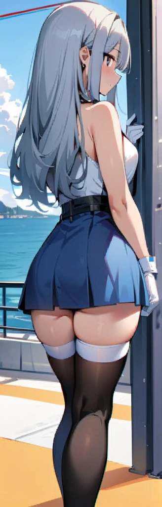 ((highest quality)), ((masterpiece)), ((1 girl)), alone, ferry, ((long hair)), ferryBase, ((Thighhighs)), bare shoulders, ((jewelry)), ((No sleeve)), white dress, blue skirt, ((gloves)), thigh height, from behind.