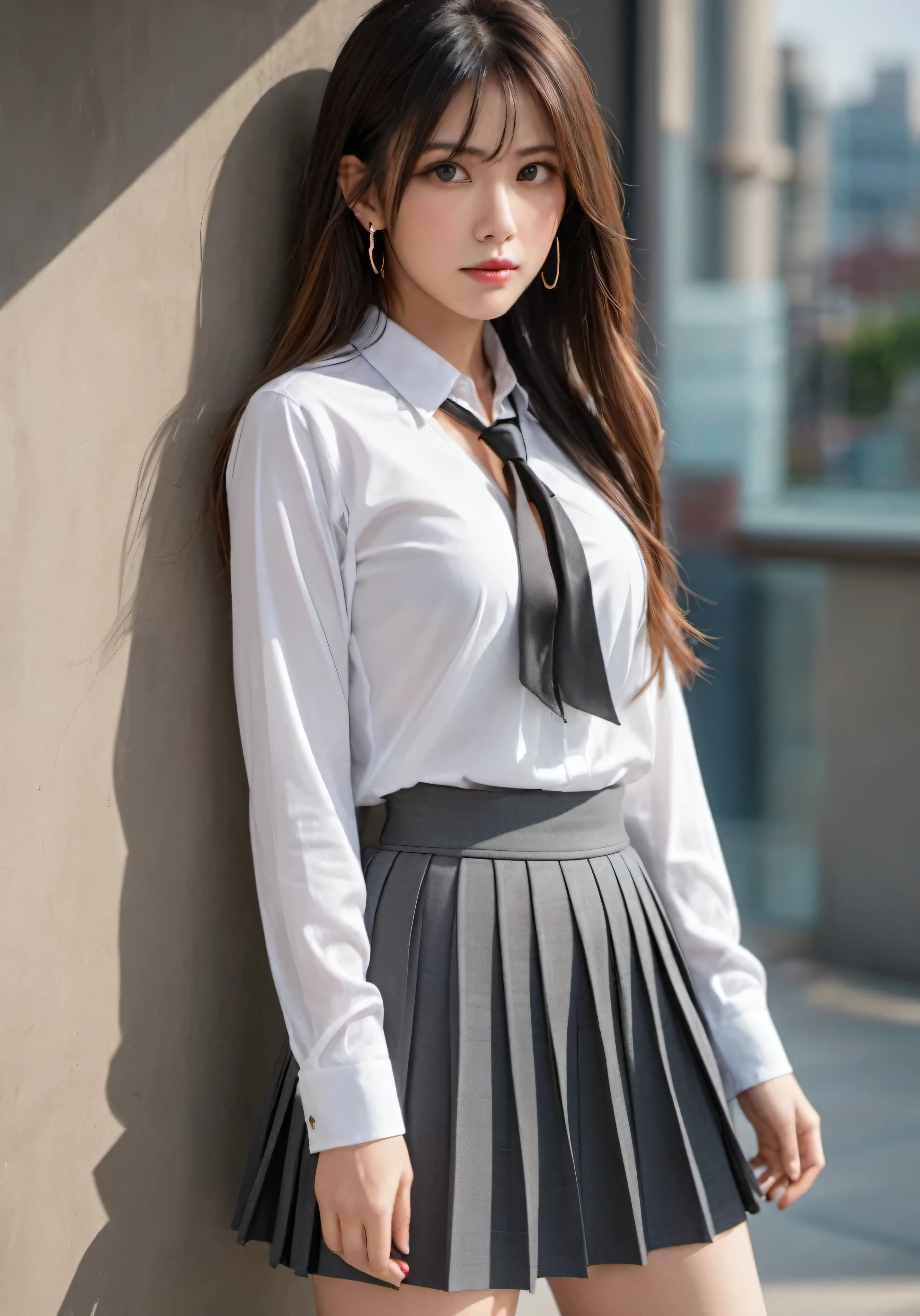 photograph, disorganized, High resolution, super detailed, ,((((Long straight hair_Hair reaching down to the waist:1.3)),((gold necklace_Large earrings:1.2)),((wearing White Y-shirt、dark grey pleated skirt、ribbon tie:1.3))