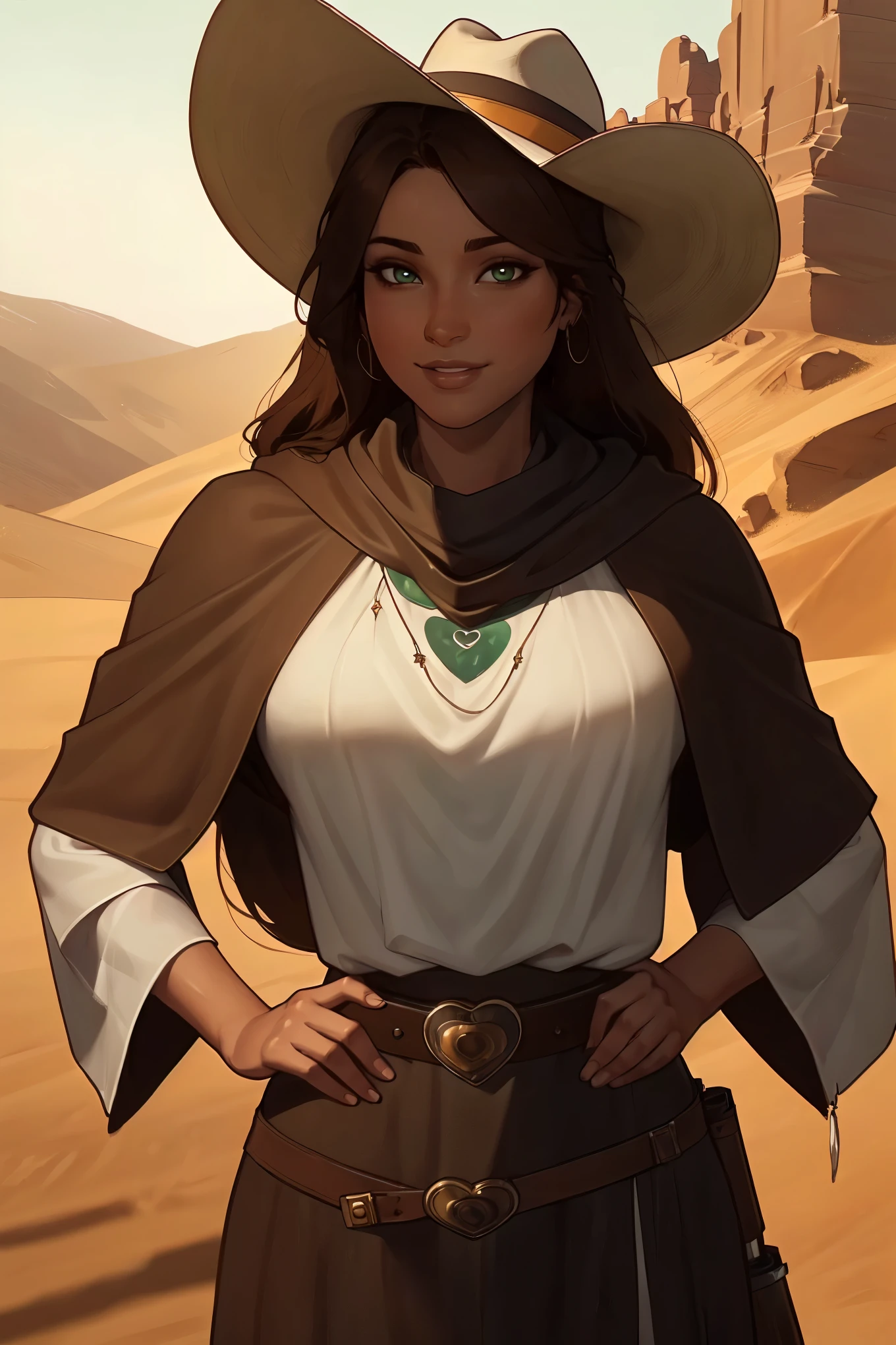 a young curvy and homely woman with green eyes and long brown wavy hair that is framing her face, heart-shaped face, beautiful white smile, looking at the camera cowboy hat, dark brown gun belt with a revolver holstered at the hip, (bright brown poncho:1.3), in the desert,| (8k, RAW photo, best quality, masterpiece:1.2), ultra-detailed, (high detailed skin:1.2), 8k uhd, dslr, soft lighting, high quality, ((upper body)), (centered:1.2), ((LOOKING at the VIEWER)), asura, film grain, highly detailed shading, ((perfect_hands):1), Goodhands-beta2,