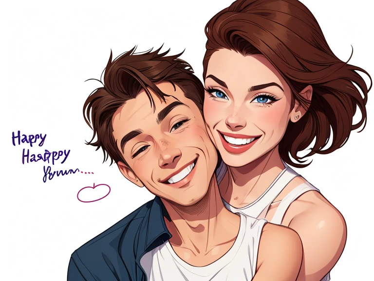 Happy man and woman couple with beautiful smile Cartoon style digital illustration white background