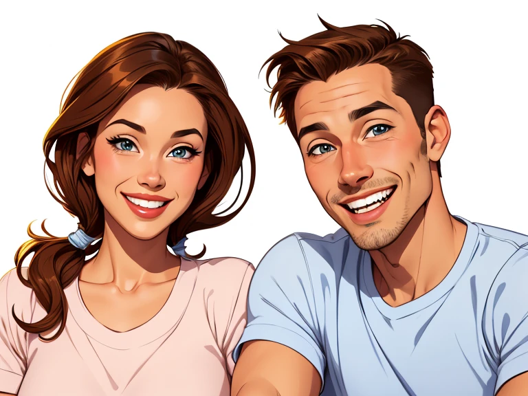 Happy man and woman couple with beautiful smile Cartoon style digital illustration white background