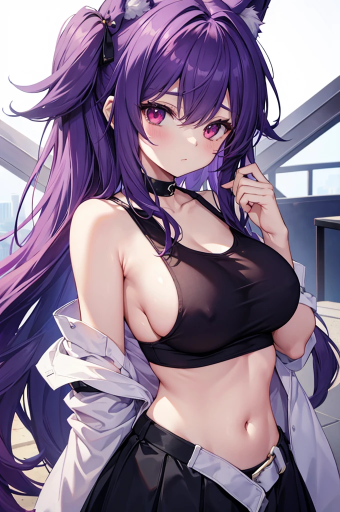 fox girl, big breasts, Voluminous purple hair, masterpiece , red eyes, hd, Head to Chest, buried in my chest、underboob、Tank top