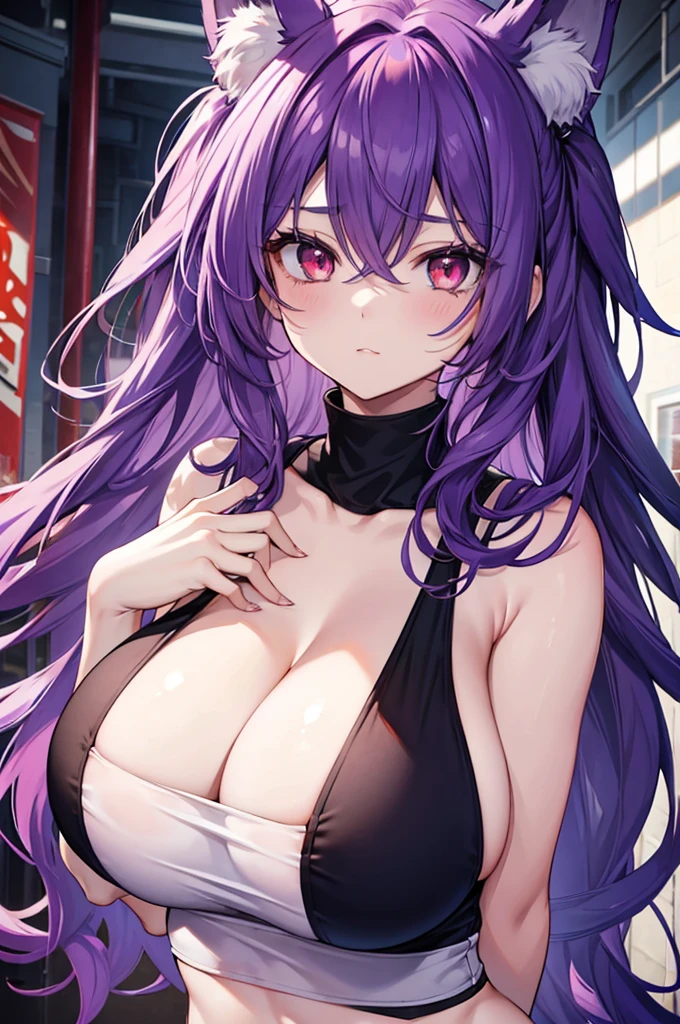 fox girl, big breasts, Voluminous purple hair, masterpiece , red eyes, hd, Head to Chest, buried in my chest、underboob、Tank top