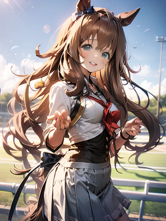 n 8K、top-quality、​masterpiece、ultra-detailliert、Ultra-high resolution、Anime style、maruzensky \(umamusume\)、1 High School Girl、Tennis Wear、heavy wind、White pleated kirt flipping in the wind、((Holding the flipping skirt with your hand))、(Impatient)