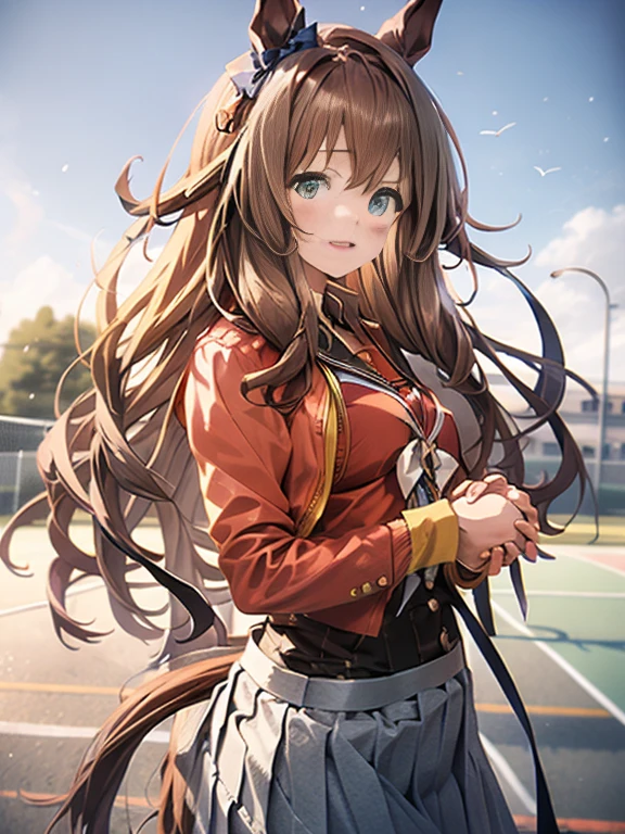 n 8K、top-quality、​masterpiece、ultra-detailliert、Ultra-high resolution、Anime style、maruzensky \(umamusume\)、1 High School Girl、Tennis Wear、heavy wind、White pleated kirt flipping in the wind、((Holding the flipping skirt with your hand))、(Impatient)