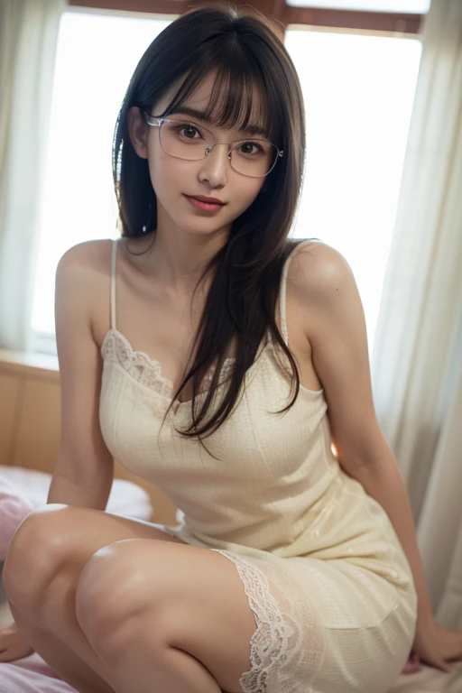 (masterpiece, highest quality, High resolution,8K, RAW images), A beautiful and simple 35 year old Japanese woman, wearing glasses, Beautiful long shiny black hair, snappy bangs, shiny face, shiny skin, Depth of written boundary, chromatic aberration, caustics, natural shading, kind, smile, Small devil,cute face, thighs, film grain, chromatic aberration, sharp focus, face light, detailed face, background bokeh, huge breasts, slender body, Sexy lace sheer dress type negligee, A realistic simple and modern bedroom at night, A window with thick curtains, Squat on your knees, Sticking out tongue, full shot, Photographed at the best angle