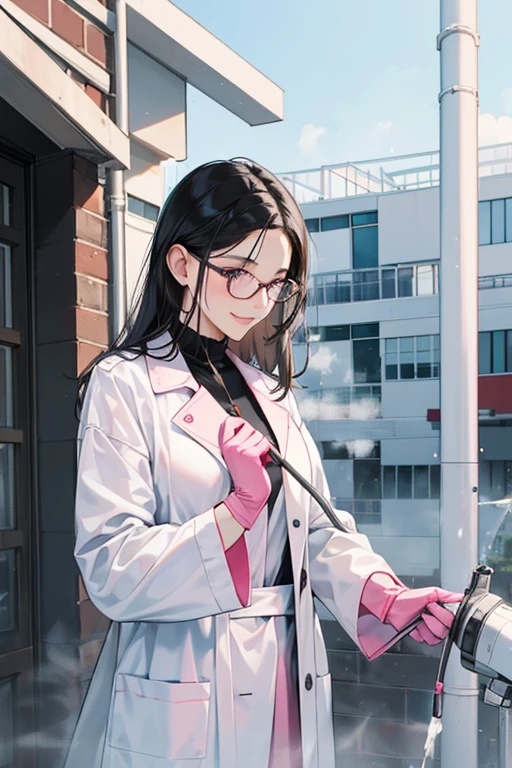 A mature female health insurance doctor with black hair and glasses in a white coat washing the windows of a school building while wearing pink rubber gloves and spraying water from a hose with a gentle smile