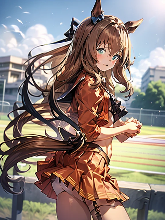 n 8K、top-quality、​masterpiece、ultra-detailliert、Ultra-high resolution、Anime style、maruzensky \(umamusume\)、1 High  Girl、Tennis Wear、heavy wind、red pleated kirt flipping in the wind、((Holding the flipping skirt with your hand))、(Impatient)