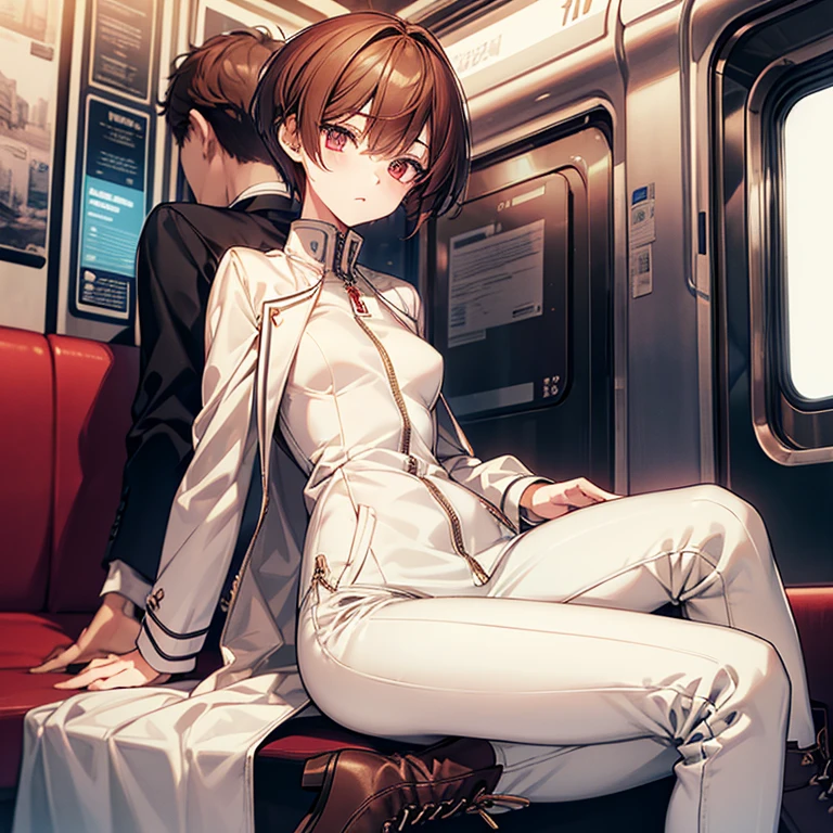 masterpiece、ephemeral、delicate details、On a city train、Slender beauty、Oversized zip-up jacket、skinny pants、tall、I like the style、small breasts、Sharp Eyes、cool beauty、older sister、pixie cut、short nape、Thick-soled boots、Reddish brown hair、