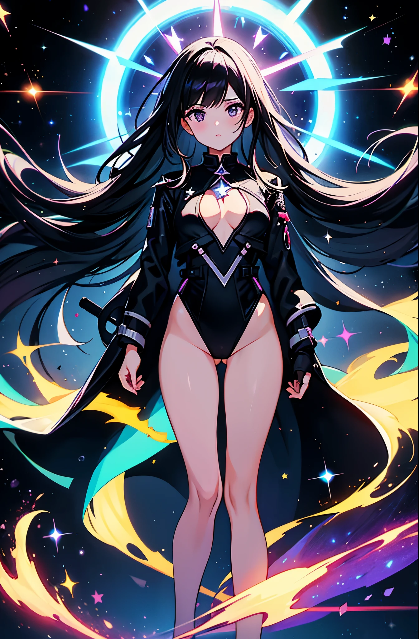 Woman with black eyes, long black hair, white blouse with black stars, black jacket with stars, leotard, bare legs, purple stellar energy around, cosmic power, cosmic shining power. black hair, black eyes. Shooting with your finger, making a gun with your finger.