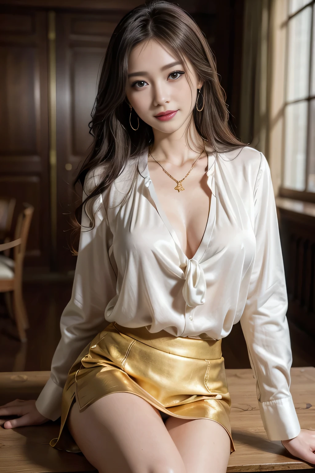 table top, highest quality, realistic, Super detailed, finely, High resolution, 8k wallpaper, 1 beautiful woman,, sharp focus, perfect dynamic composition, beautiful and detailed eyes, thin hair, Detailed realistic skin texture, smile, close-up portrait, model body shape、president'secretary、mini skirt、high heels、whole body、suit,((brown semi-long hair:1.2))((A wave that curves gently inwards:1.2)),((Gold Necklace_big earrings:1.2)),((shy smile:1.3)),((Blouse and skirt, Wearing a white silk blouse,Please wear a white shirt and a dark purple skirt.:1.3)), 、whole bodyショット、((Standing whole body figure supermodel, whole bodyがフレーム内に収まる))、in a luxurious room