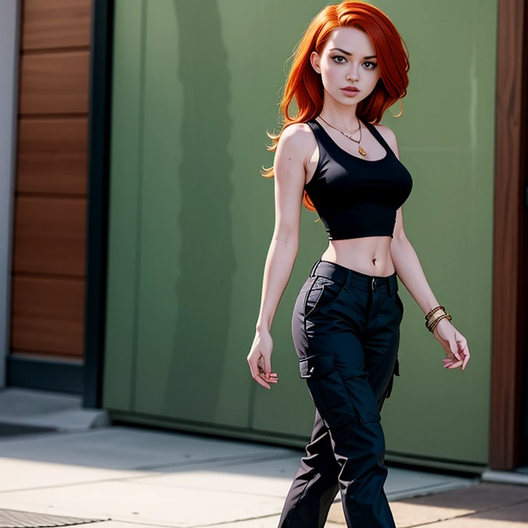 Masterpiece, best quality, detailed face, Kim Possible, black tank top, midriff, cleavage, perfect hands, walking, cargo pants, black shoes, red hair, looking at viewer, sexy smirk, in a city