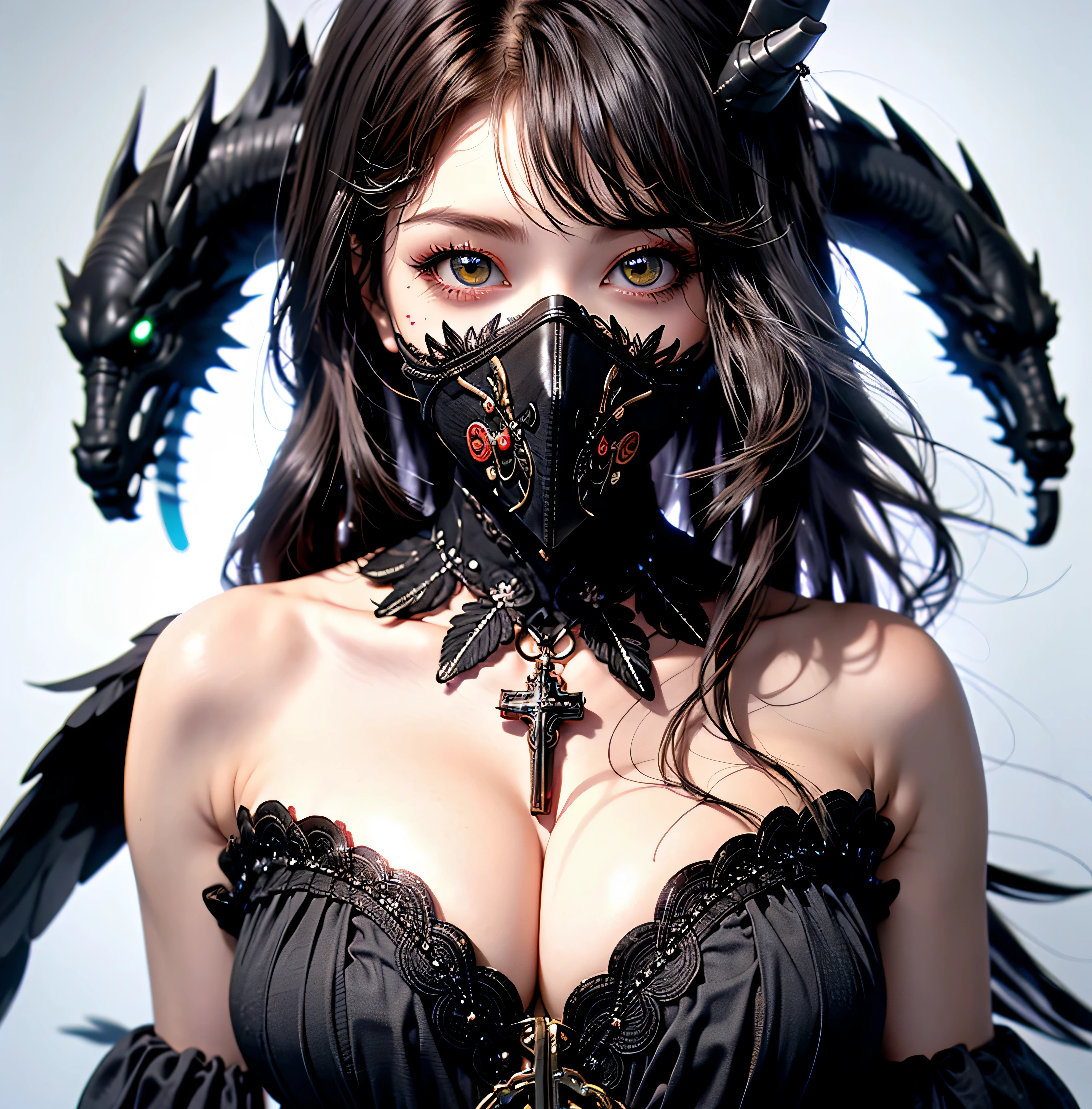background, 1girl, monster, mask, chest , red eyes, blood, 2 colored eyes, shining , white dress, red hair , looking at me, vampire, horns, demon, vampire girl, jewelry, shining lights, masterpiece, best quality, one eye red other eye green, ghotic , toxic mask, robotic design, magic circle, shining eyes, blood stains, black dress, sword, skull mask, Cross, crow, black feathers.