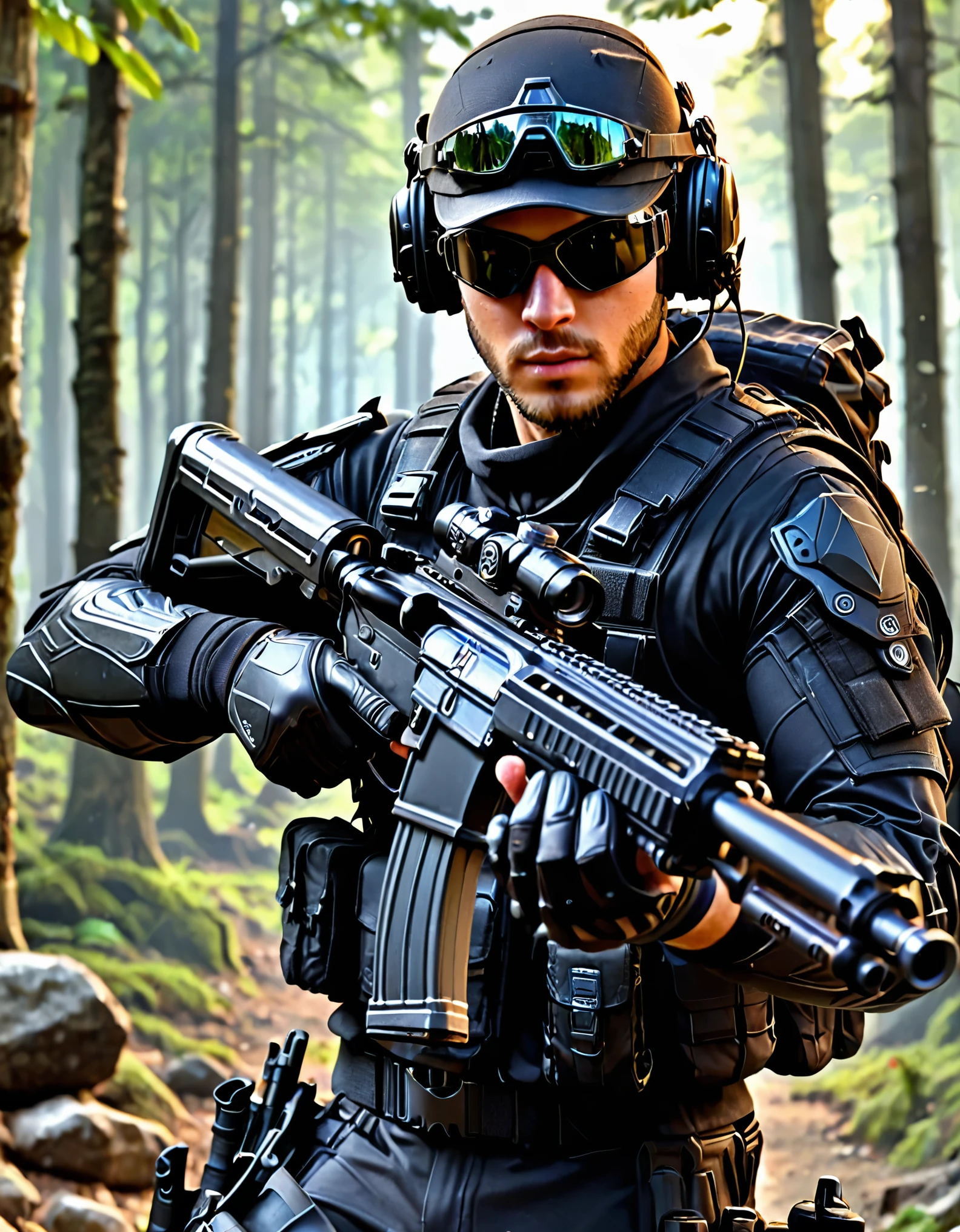 1boy, age 30, black assault rifle, tactical vest, gloves, black tactical gloves, goggles, goggles on headwear, gun, handgun, helmet, headset, male focus, military, military uniform, realistic, solo, trigger discipline, uniform, black uniform, weapon