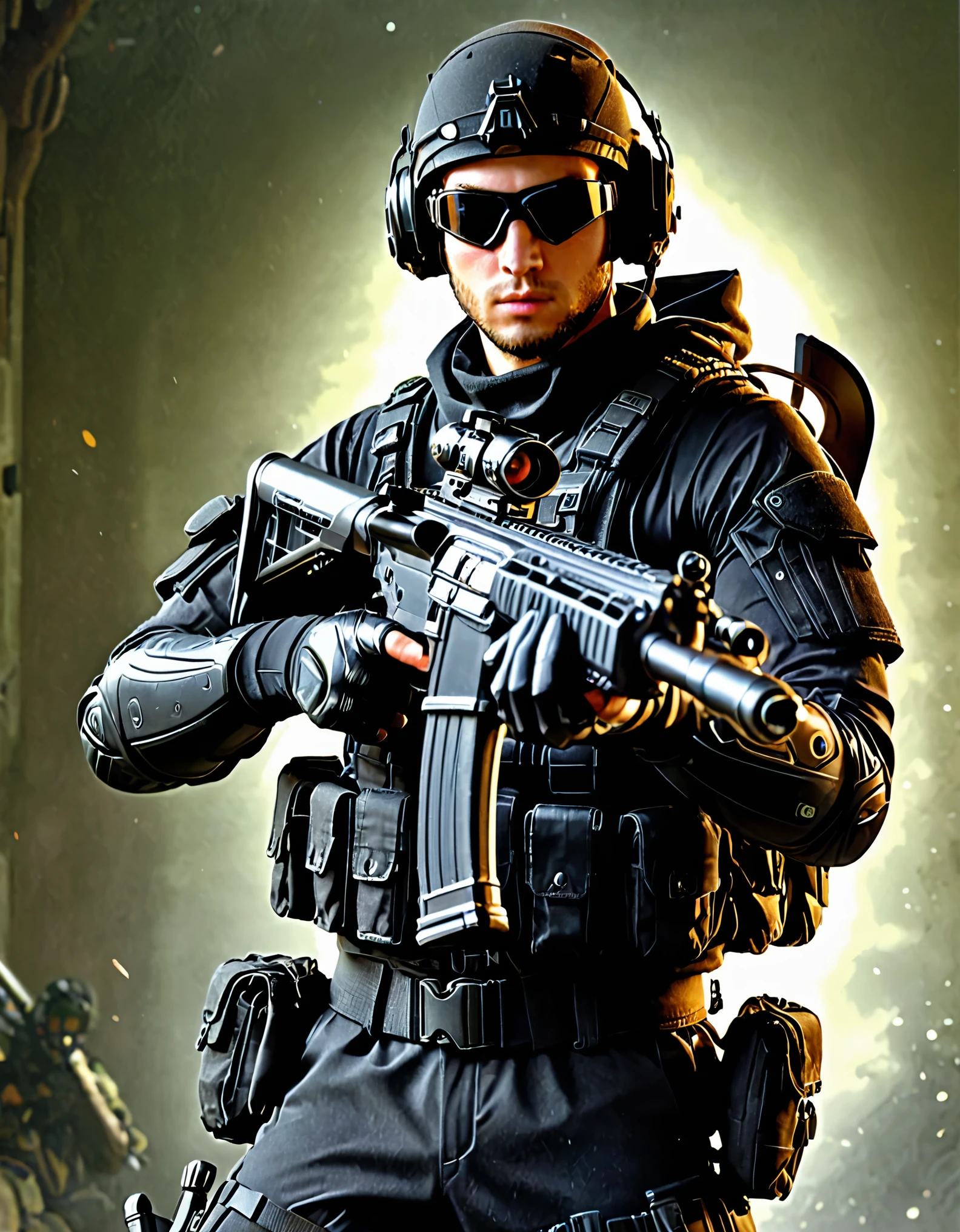 1boy, age 30, black assault rifle, tactical vest, gloves, black tactical gloves, goggles, goggles on headwear, gun, handgun, helmet, headset, male focus, military, military uniform, realistic, solo, trigger discipline, uniform, black uniform, weapon