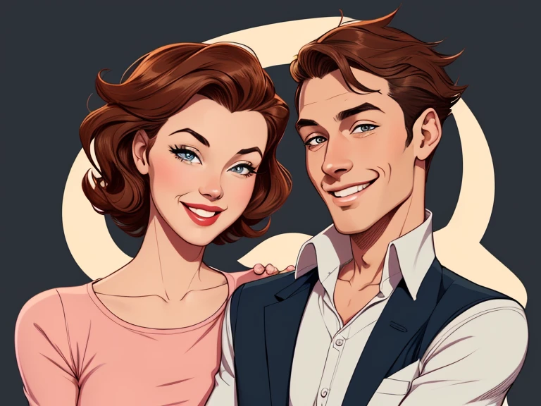 Happy man and woman couple with beautiful smile Cartoon style digital illustration white background PIN UP style 40s clothes on the couple